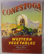 ORIGINAL VINTAGE CRATE LABEL CONESTOGA COVERED WAGON WATSONVILLE WESTERN picture