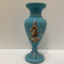 Rare Antique French 11” Blue Opaline Glass Vase w/ stunning Enamel portrait 1890 picture