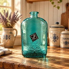 Vtg Vidrios de Levante HandBlown Teal Glass Flask Bottle Filigree~Made in Spain picture