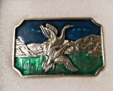 Vintage pewter belt buckle with mallard ducks enameled green meadow and blue picture