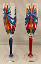 CC Zecchin Venetian Champagne Flutes Set 2 Hand Painted Murano Style Art Glass picture