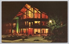 Vintage Photochrome Night View Mid-Century Modern House Postcard picture