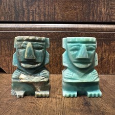 Vintage Pair of Carved Stone Mayan Aztec Diety Tiki Idol Mexican Jade 3