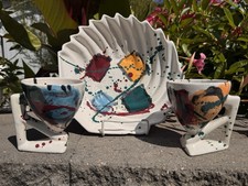 3Pc Charles Nalle Studio Pottery Set 2 Pedestal Mugs Signed Shell Platter picture
