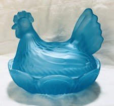 NEW Satin Ice Blue Glass Hen Chicken Nest 5 1/2” W x 6 3/4” L x 6