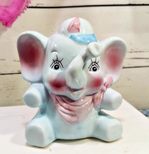 Vintage Blue Ceramic Elephant Piggy Bank with Ball Cap and Pink Ears 6