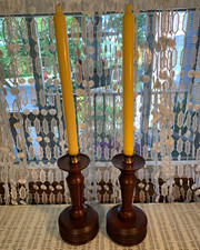 Pair MCM Turned Wood Candlesticks w/Brass Socket insert Candle Cups, Felt Bottom picture