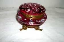 Victorian Moser Bohemian Glass Bronze Casket Antique HP Cranberry Glass 1890s picture