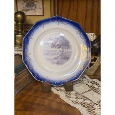 Antique Limoges China Octagonal Flow Blue Plate Gold Gilt Landscape Scene picture