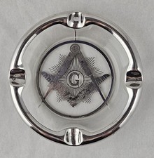 VTG Masonic Chrome Trim Glass Ashtray Compass G Emblem Freemason Tobacciana picture