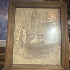 R. Hendrickson Vintage Sepia Print On Wood Framed Tile Man Bathing Wall Art picture
