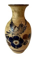 Vintage Tonala Pottery Mexico Floral Bird Mexican Folk Art Vase Signed Mexico 9” picture
