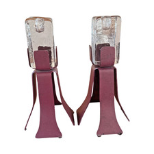Heavy VTG Scandinavian Brutalist–Postmodern Iron & Ice Glass Candle Holders Pair picture