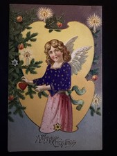 Pretty~Christmas Angel Decorates Tree~Antique Foil Embossed Postcard~s939 picture