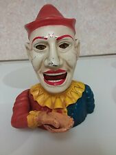 Vintage Older Reproduction Cast Iron Clown / Jester Mechanical Metal Coin Bank picture