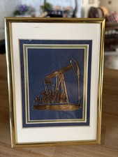 Vintage Brass Oil Well Pumpjack Gold Metal Framed Art Petroleum Oilfield Decor picture