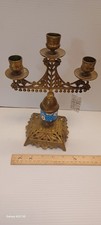 Lovely Vintage Brass Emaux De Longwy Two-Arm Candelabra Candelabrum ~10.5”H picture