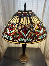 Vintage Quoizel Tiffany Style Red Floral Stained Glass Lamp Shade Swag Lamp picture