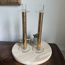 VTG Mid Century Candlestick Holders 11.5 Inch Gold Clear Crackle Glass Decor picture