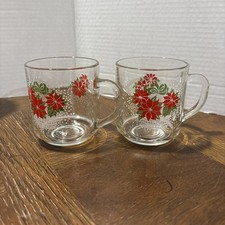Vintage Luminarc Glass Coffee Eggnog Mug Cup Poinsettia In Basket Set Of 2 picture