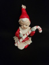 Vintage Napco Ceramic Christmas Spaghetti Elf  Figure Kneeling Candy Cane 3.75