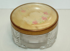 Vintage Art Deco Glass Powder or Trinket Jar w/ Lid Pink Gold Floral Design picture