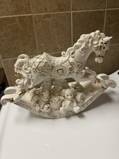 Sankyo Christmas Musical Rocking Horse Fine Porcelain Vintage 24K Gold Accents picture