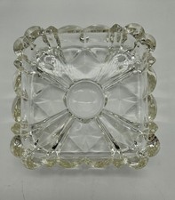 Vintage Clear Pressed Glass Square Ashtray Scalloped Bubble Edge Starburst 4.5in picture
