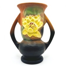 Roseville Water Lily 74-7 Vase Brown Green Yellow 1943 Art Pottery USA 7.25
