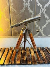 Vintage Style Brass Telescope with Wooden Tripod Stand Nautical Home Decor Gift picture