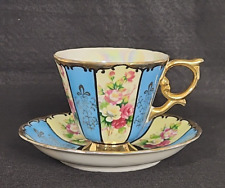 Vintage Royal Sealy China Footed Tea Cup & Saucer Blue & Pink Rose Gold Trim picture