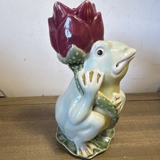 VTG Henriksen Imports Ceramic Frog Holding Tulip Decor Candle Holder 7.5”  picture