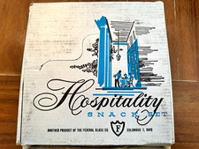 Vtg Hospitality Pressed Glass Snack Set Oval Tray & Cups in Box Clear homestead picture