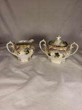 Antique RS Prussia Red Mark Creamer and Sugar Bowl Set Hand Painted Leaves Gilt picture
