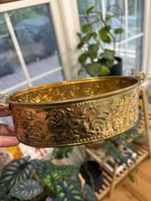 Vintage Hosley Brass Oval Planter Embossed Rose Floral Handles Small Cachepot picture