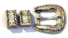 950 STERLING Silver RANGER BELT BUCKLE Mexico 1940's Vintage Ornate 3-Pc Set picture