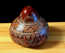 Vintage SIGNED Peruvian Mate Burilado Hand Carved Gourd  Village Life 1999 picture