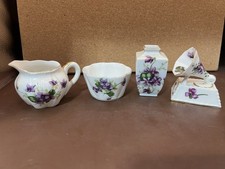 4 Vintage Fine China Pieces, Sugar Creamer, Vase, Trinket With Purple Violets ￼ picture