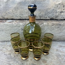 Vintage Bar Ware Decanter & 6 Glasses Green Amber Gold Trim Made In Romania picture