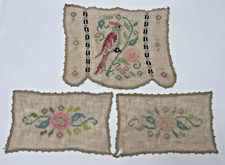 Antique Linen Cross Stitch Vanity Set 3 Pc Red Bird Floral Crochet Picot Estate picture
