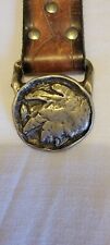 ANTIQUE SOLID BRASS BUFFALO INDIAN HEAD NICKEL COIN BELT BUCKLE AND LEATHER BELT picture