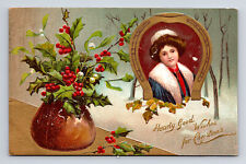 Hearty Good Wishes Pretty Lady Mistletoe Postcard picture