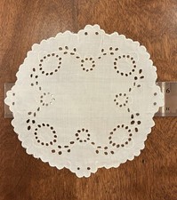 Vintage Handmade Whitework Linen Doilies w/Eyelet Lace Embroidery Scallops 5.75” picture