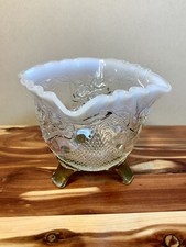 Footed Floral Glass Dish / Bowl Opalescent Ruffled Rim picture