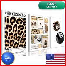 Hwetui Framed Trendy Leopard Canvas Wall Art Set 3, Preppy Cheetah Lucky 8 Ball picture