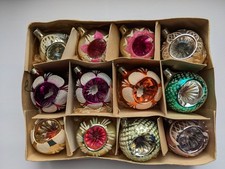 Set 12 Vintage Christmas Ornaments glass balls lanterns in a box Soviet USSR picture