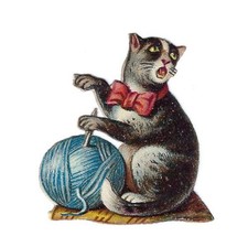 1888 Chromo decoupis, Victorian CAT BLUE YARN BALL, Antique Die-Cut Scrap, 1-1/2 picture