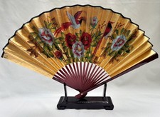 Vintage Chinese Hand Painted Gold Wall Fan Birds Peonies 16” Stand Original Box picture