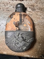 Antique Chinese Export Dragon Glass Hip Flask WF Wing Fat Attr. Leather c1900 picture