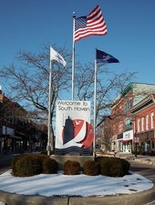 Photo:South Haven Michigan 2020s Welcome Sign Lake Michigan Flags Downtown picture